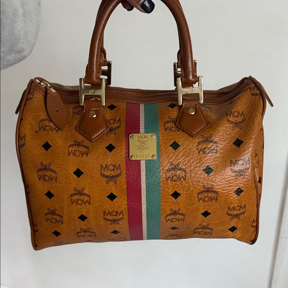 MCM Cognac Visetos Satchel with Red and Green Center Stripe